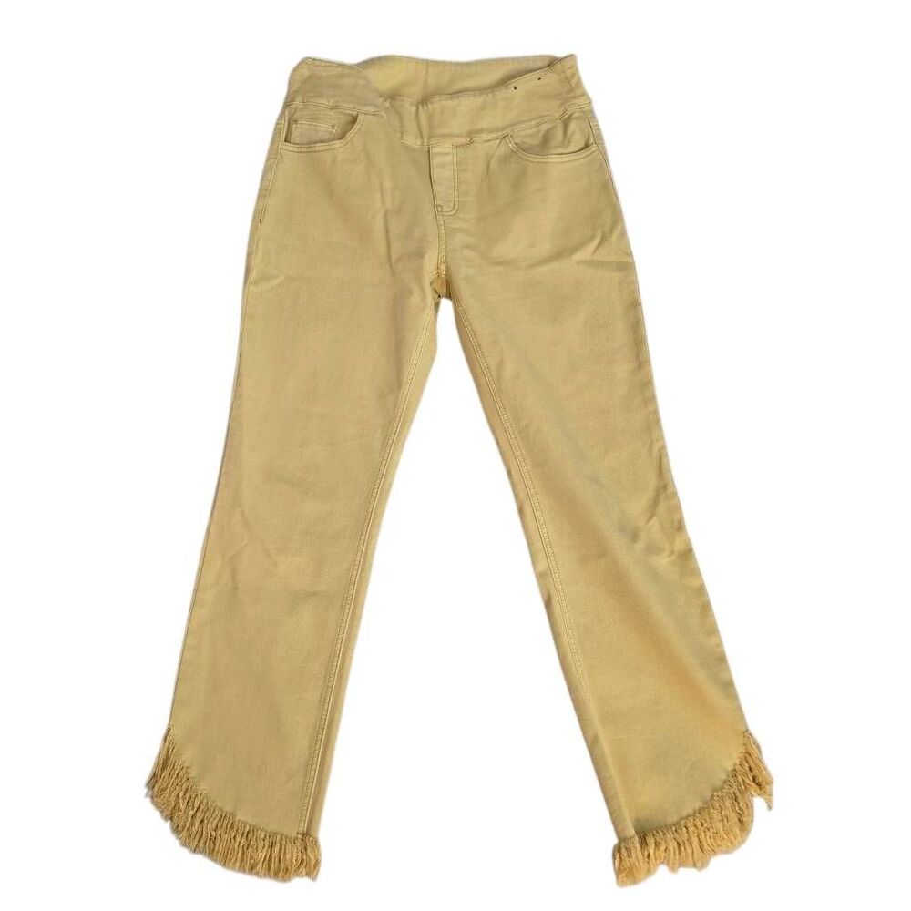 Ethyl Clothing Womens High Rise Fringe Hem Pull-On Jeans Yellow Size 8